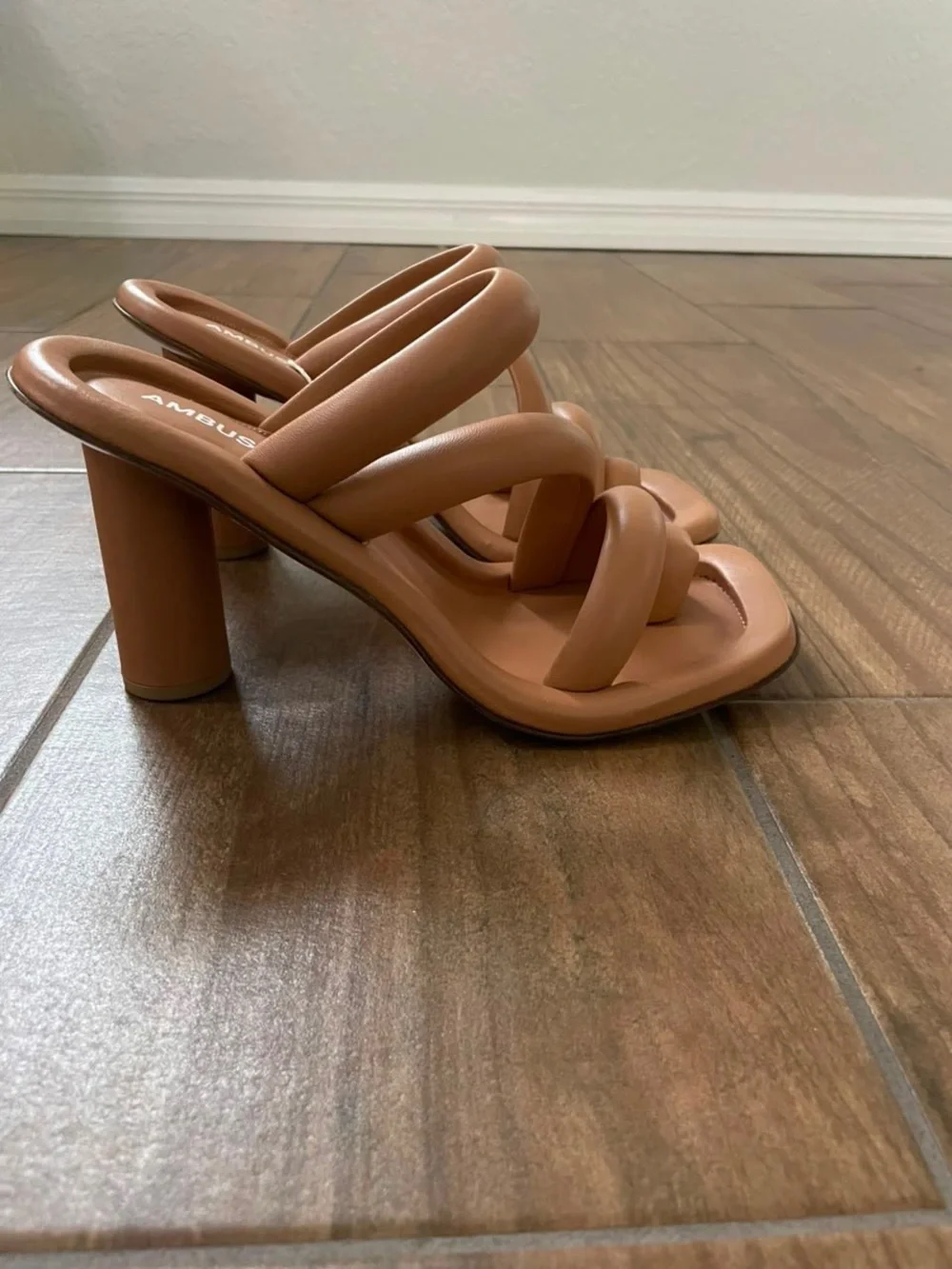 AMBUSH Tan Padded Spiral-Strap Heeled Sandals - Sculpted Comfort